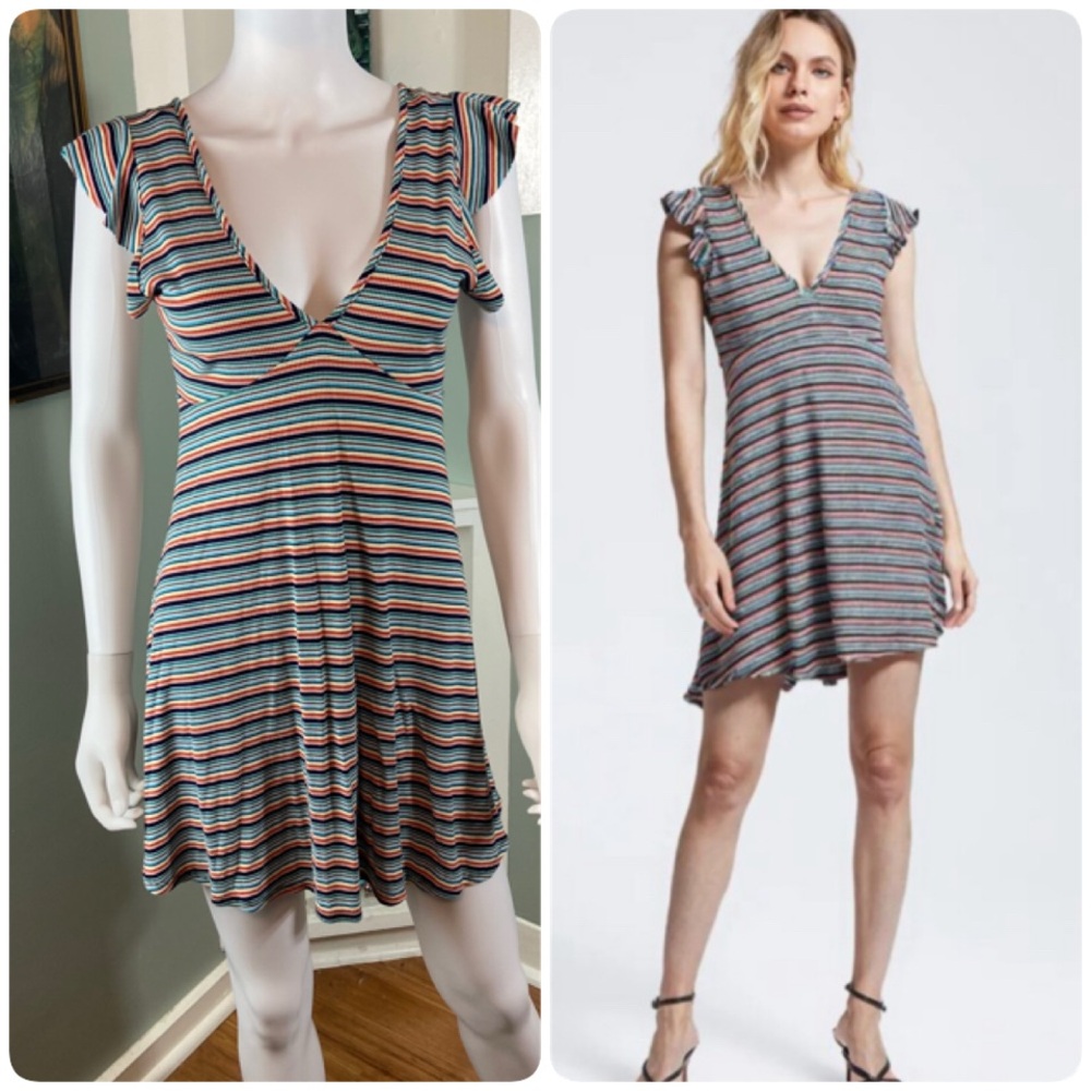 Wild Fable Colorful Rainbow Ribbed Striped Mini Dress Flutter Sleeve Small S